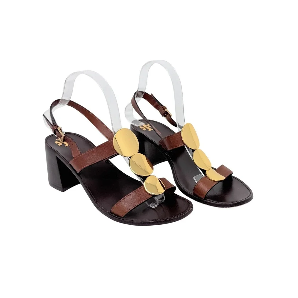 Tory Burch Patos‎ Multi Disk Heeled Sandal Brown Size 9M Embellished